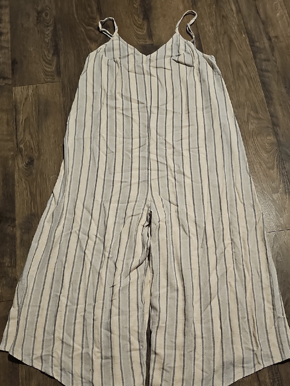 Mystree Jumpsuit Cream Navy Striped Wide-Leg Adjustable Strap Size Small